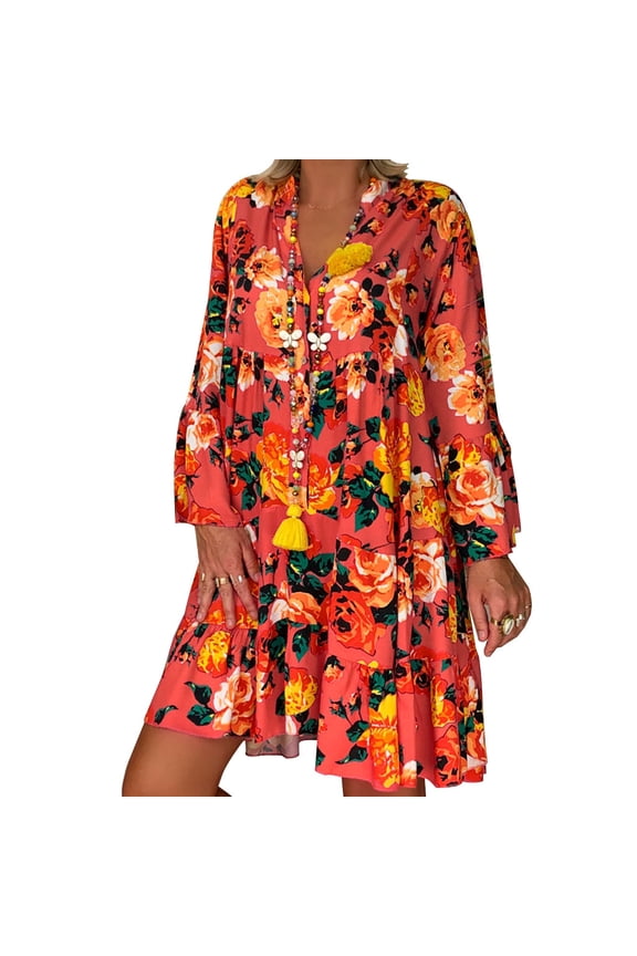 Women's Dress Women's Ladies Loose Print Three Quarter Sleeve Mini Dress Summer Dress