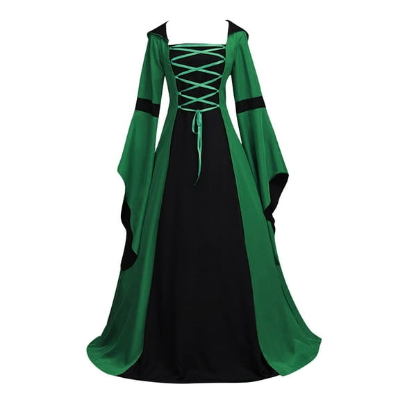 Babysbule Women's Dresses Fall Stylish Women's Fashion Flare Long Sleeve Hooded Vintage Gothic Court Drawstring Dresses