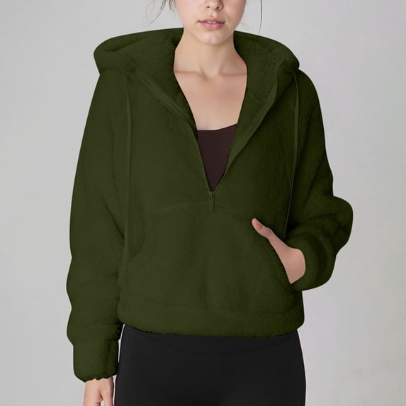 Babysbule Women's Fall Sweatshirt Double-sided Velvet Long Sleeve Raglan Shoulder Fleece Hoodie Half Zip Pocket Activewear Top