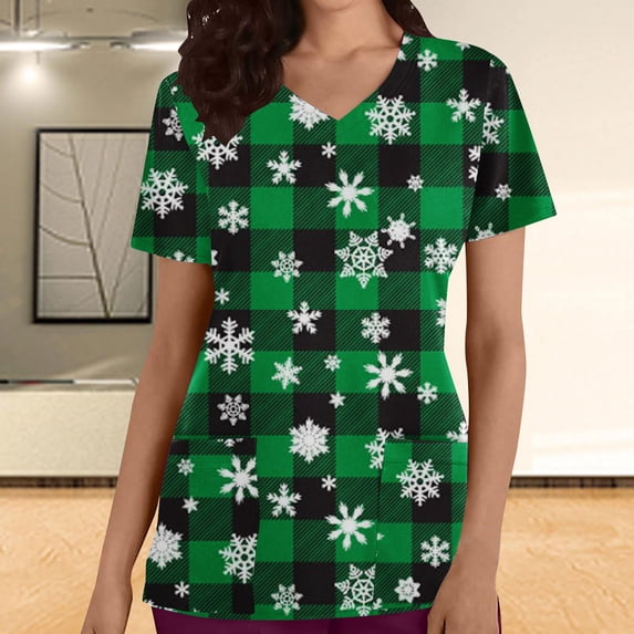 Babysbule Women's Fashion Short Sleeve V-Neck Tops Working Uniform Printed Womens Summer Tops With Pockets