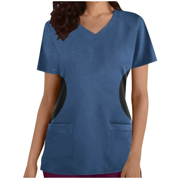 Babysbule Women's Fashion Short Sleeve V-Neck Tops Working Uniform Printed Womens Summer Tops With Pockets