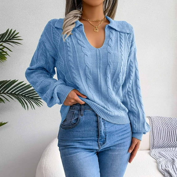 YUNAFFT Women's Fashion Sweater Clearance, Fashion Women Casual Lapel Neck Solid Long Sleeve Loose Sweater Blouse Tops