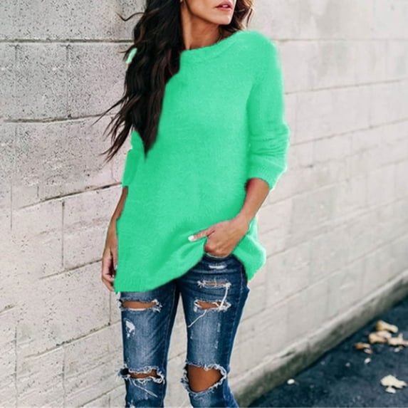 YUNAFFT Women's Fashion Sweater Clearance, Women Ladies Fashion Winter Plush Solid Round Neck Long Sleeve Sweater Blouse