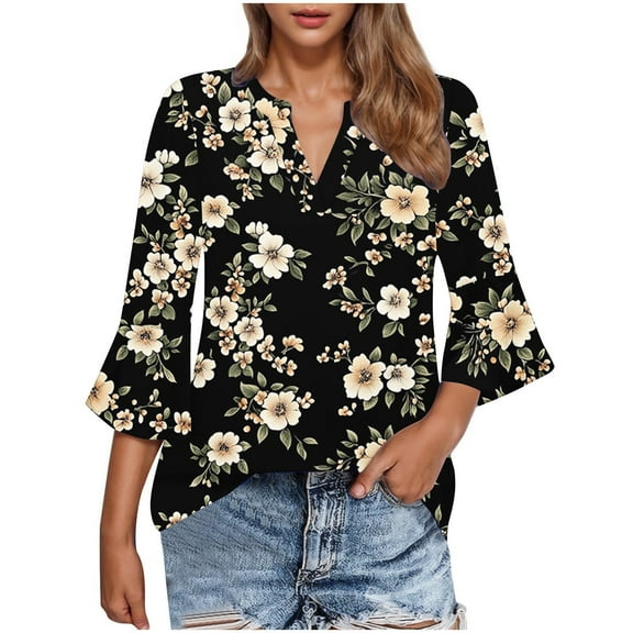 Babysbule Women's Flare Sleeve V-Neck 3/4 Sleeve Printed Casual T-Shirt Blouse Top for Spring Summer Fashion