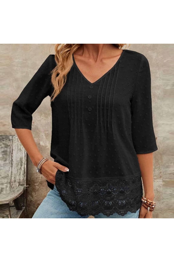 Women's French Style V-Neck Blouse, 3/4 Sleeve Swiss Dot Tunic Top with Lace Hem, Casual Embroidered Shirt for Spring Summer Daily Wear