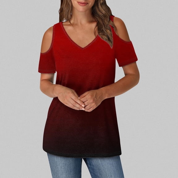 Babysbule Women's Gradient Printed V-Neck Off Shoulder Top Casual Short Sleeve Blouse Comfy Fashion T-Shirt for Daily Wear