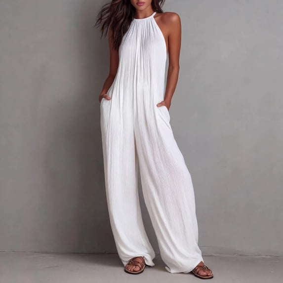 Babysbule Women's Halter Jumpsuit Wide Leg with Pockets Sleeveless Backless Loose Summer Casual Romper for Daily Beach Vacation