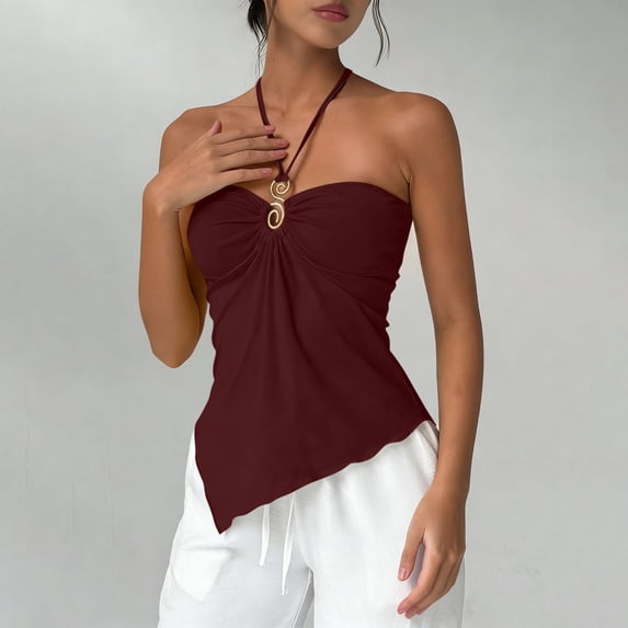 Babysbule Women's Halter Neck Bustier Tank Top Sleeveless Asymmetric Hem Metal Ring Detail Sexy Blouse for Summer Party Dating Vacation