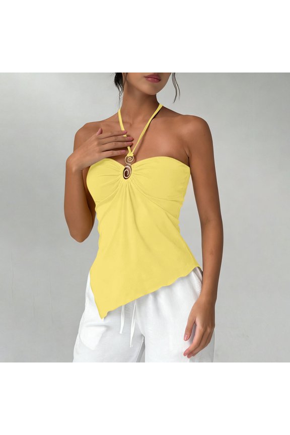 Women's Halter Neck Bustier Tank Top Sleeveless Asymmetric Hem Metal Ring Detail Sexy Blouse for Summer Party Dating Vacation