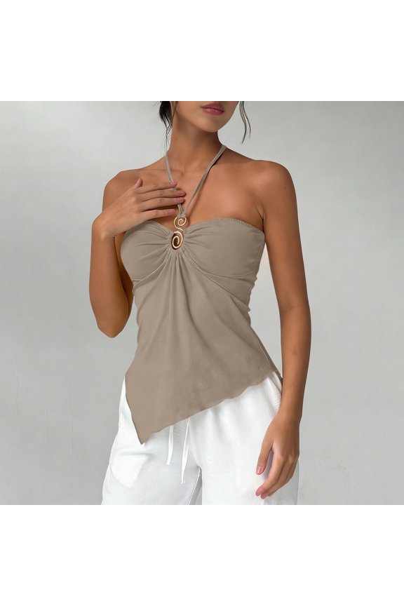 Women's Halter Neck Bustier Tank Top Sleeveless Asymmetric Hem Metal Ring Detail Sexy Blouse for Summer Party Dating Vacation