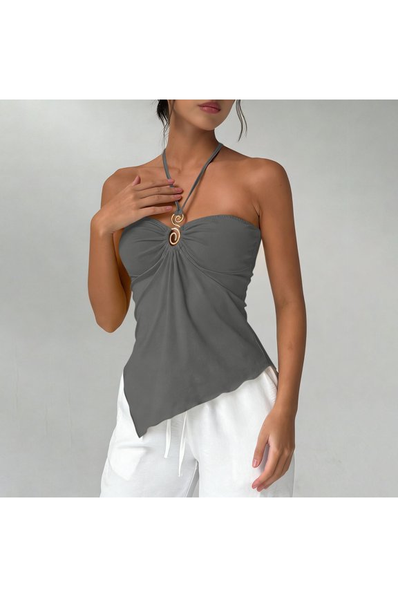 Women's Halter Neck Bustier Tank Top Sleeveless Asymmetric Hem Metal Ring Detail Sexy Blouse for Summer Party Dating Vacation