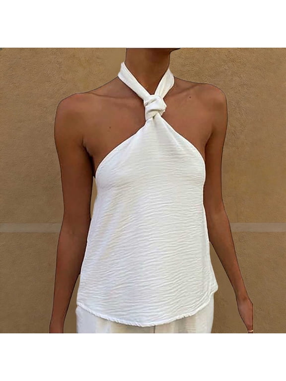 Women's Halter Neck Knot Front Sleeveless Tank Top, Textured Solid Color Casual Blouse, Polyester Summer Shirt for Beach Vacation and Daily Wear