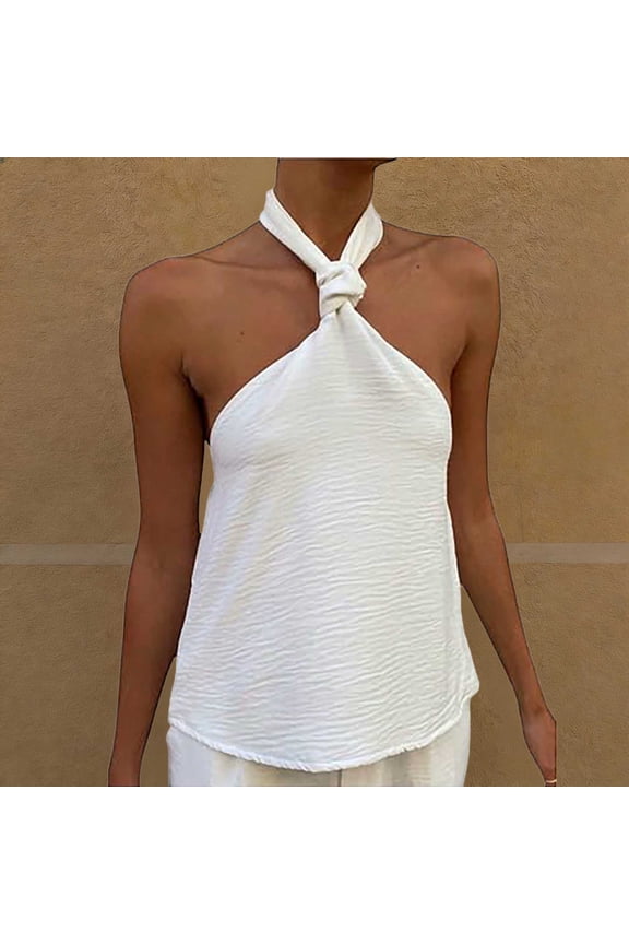Women's Halter Neck Knot Front Sleeveless Tank Top, Textured Solid Color Casual Blouse, Polyester Summer Shirt for Beach Vacation and Daily Wear