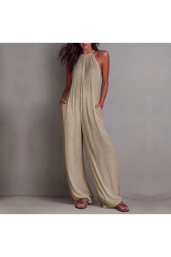 Women's Halter Jumpsuit Wide Leg with Pockets Sleeveless Backless Loose Summer Casual Romper for Daily Beach Vacation