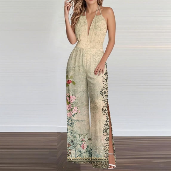 Babysbule Women's Halter Sleeveless Strap Tunic Jumpsuit Printed Elastic Waist Backless Slit Wide Leg Beach Party Overalls
