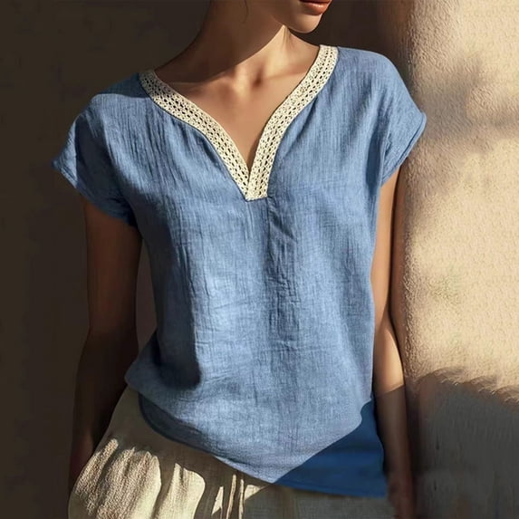 Babysbule Women's Lace Trim V Neck Short Sleeve Top, Casual Washed Cotton Loose Blouse for Summer