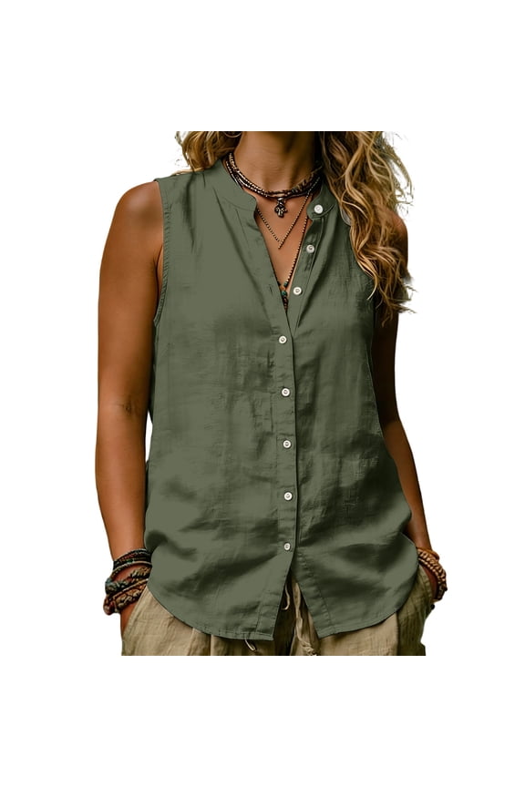 Women's Linen Style Sleeveless Button Down Shirt, Casual Loose Fit Stand Collar Blouse, Summer Daily Wear Tunic Top