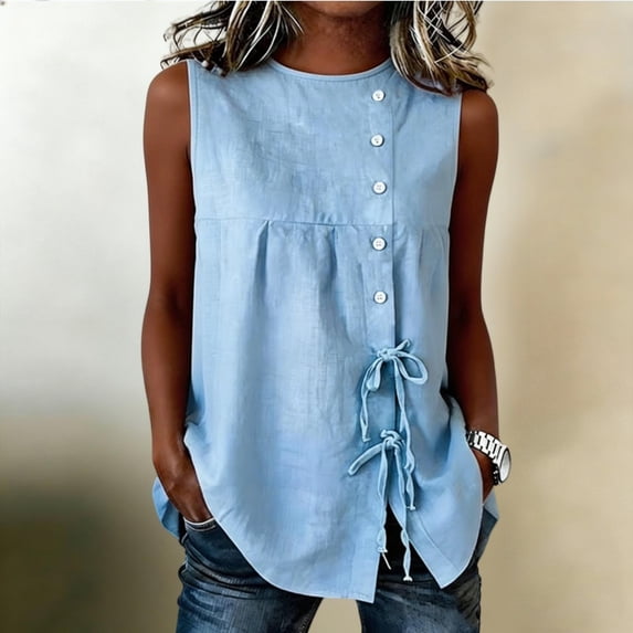 Babysbule Women's Linen Style Sleeveless Tank Top Button Front Tie Waist Round Neck Flowy Casual Summer Blouse For Daily Wear