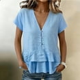 thumbnail image 1 of Babysbule Women's Linen Style V Neck Short Sleeve Blouse Ruffle Hem Button Front Casual Flowy Summer Top for Work Daily Wear, 1 of 6
