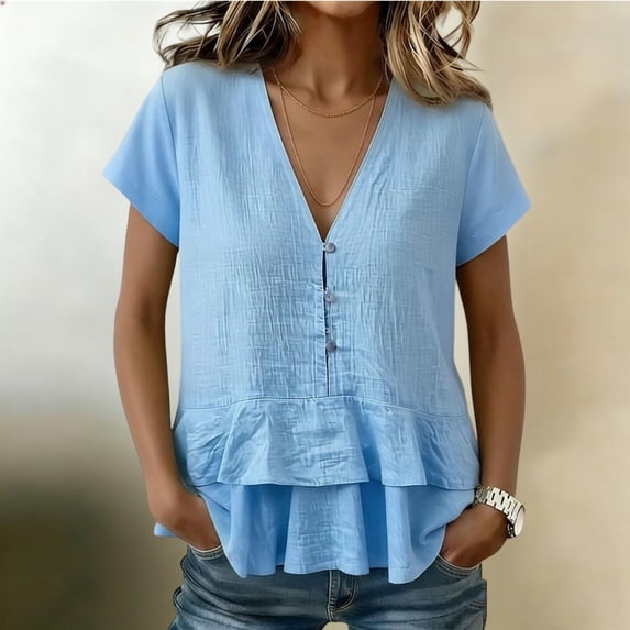 Babysbule Women's Linen Style V Neck Short Sleeve Blouse Ruffle Hem Button Front Casual Flowy Summer Top for Work Daily Wear