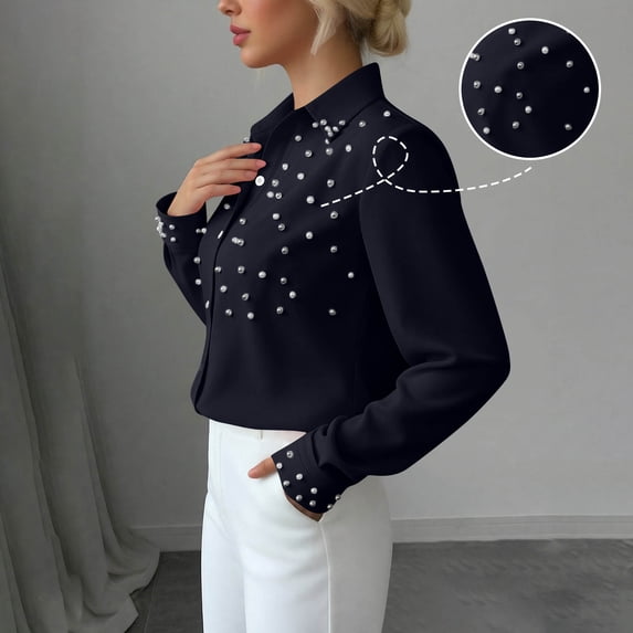 Babysbule Women's Long Sleeve Pearl Beaded Collared Button Down Blouse, Elegant Solid Color Casual Top for Office Party and Daily Wear