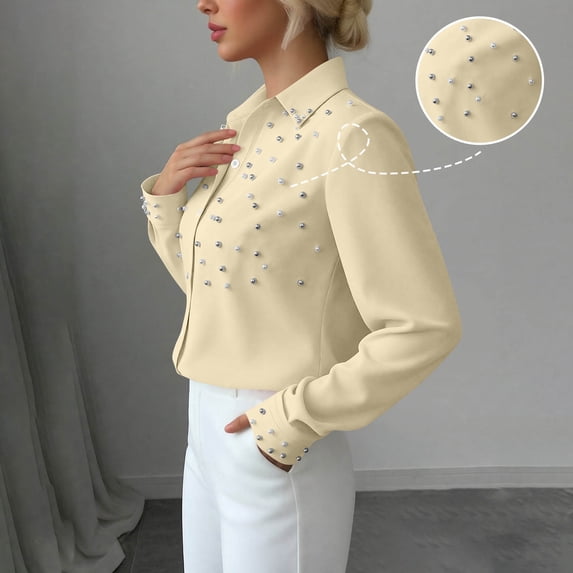 Babysbule Women's Long Sleeve Pearl Beaded Collared Button Down Blouse, Elegant Solid Color Casual Top for Office Party and Daily Wear