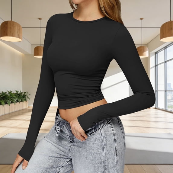 Babysbule Women's Long Sleeve Round Neck Slim Crop Top, High Elasticity Quick Dry Yoga Top, Nylon Spandex Athletic Shirt for Fitness and Casual Daily Wear