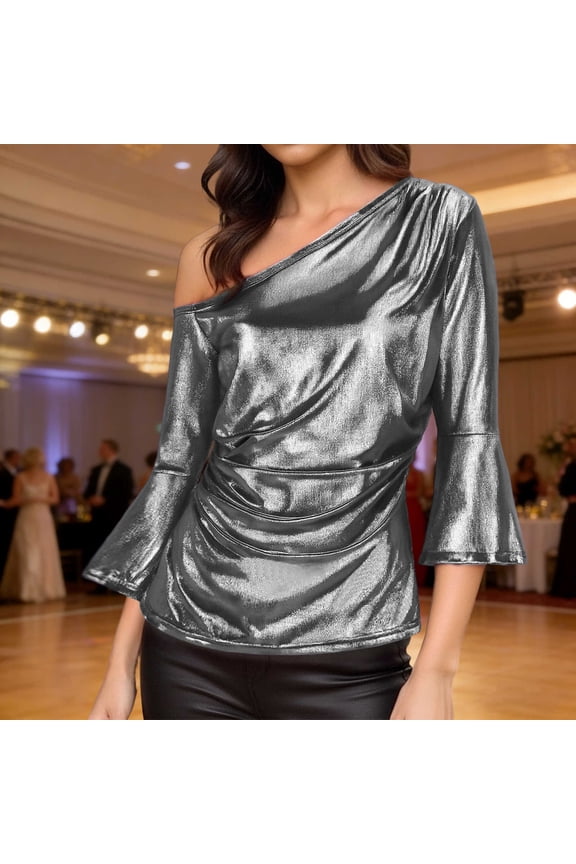 Women's Metallic Off Shoulder Blouse, 3/4 Flare Sleeve Ruched Slim Fit Shiny Top for Party Night Club Wear