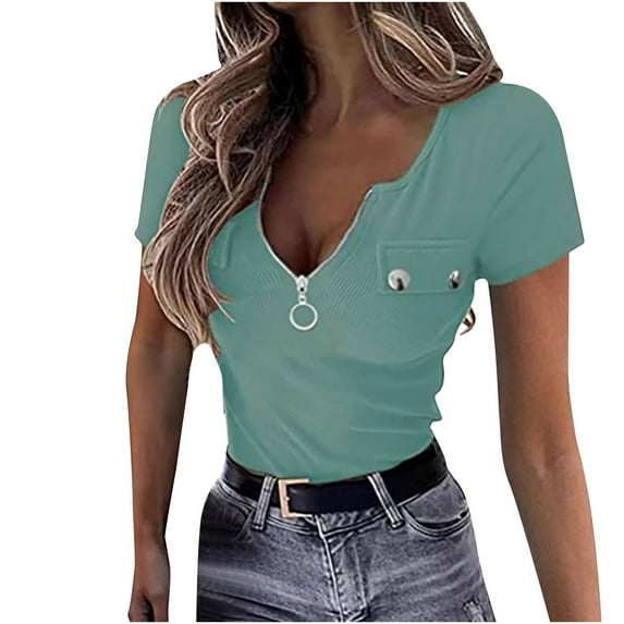 Babysbule Women's Shirts Fashion Women Summer Short Sleeve Deep V-Neck Pullover Solid Casual Blouse Tops