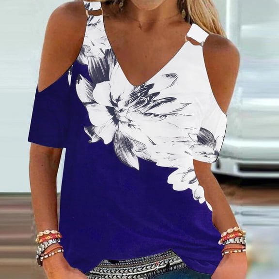 Babysbule Women's Shirts Women Summer T-Shirt Cold Shoulder Pullover Blouse V-Neck Short Sleeve Printed Tops Blouse