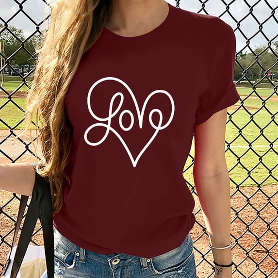 Babysbule Women's New Arrivals Shirts Women Valentine's Day Short Sleeves Heart-shaped Print Casual Tops Blouse T-shirt