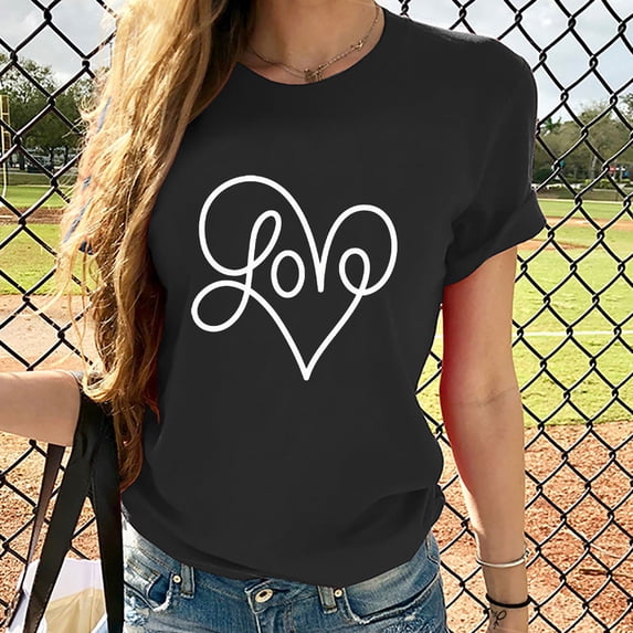 Babysbule Women's New Arrivals Shirts Women Valentine's Day Short Sleeves Heart-shaped Print Casual Tops Blouse T-shirt