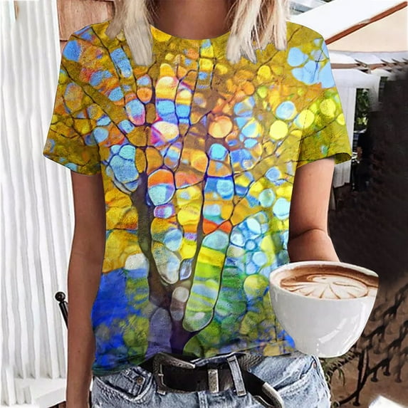 Babysbule Women's New Arrivals Shirts Women's Casual Fashion Summer Round Neck T-Shirt Printed Short Sleeve Tops Blouse