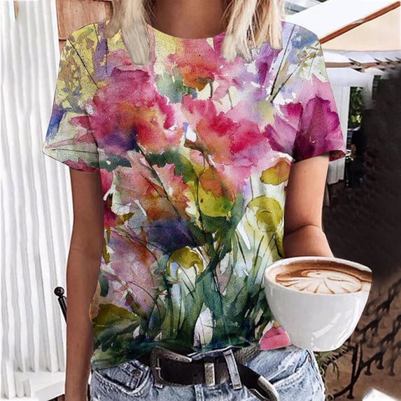 Babysbule Women's New Arrivals Shirts Women's Casual Fashion Summer Round Neck T-Shirt Printed Short Sleeve Tops Blouse