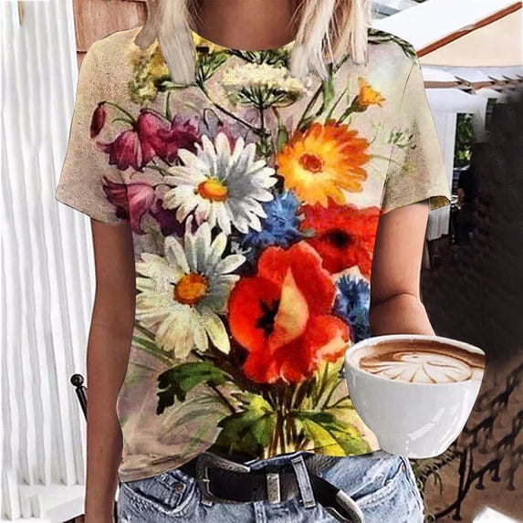 Babysbule Women's New Arrivals Shirts Women's Casual Fashion Summer Round Neck T-Shirt Printed Short Sleeve Tops Blouse