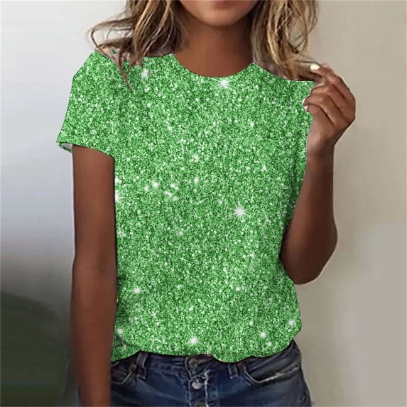 Babysbule Women's Shirts Women's Casual Sparkling Crystal Printed Round Neck Party Holiday Short Sleeved Top