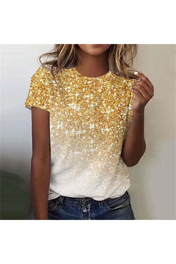 Round Neck Short Sleeve Sparkling Crystal Printed Top, Women's Short