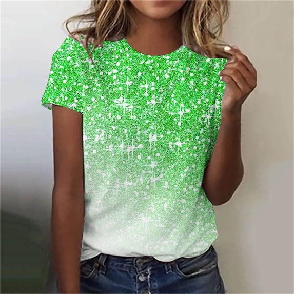 Babysbule Round Neck Short Sleeve Sparkling Crystal Printed Top, Women's Short