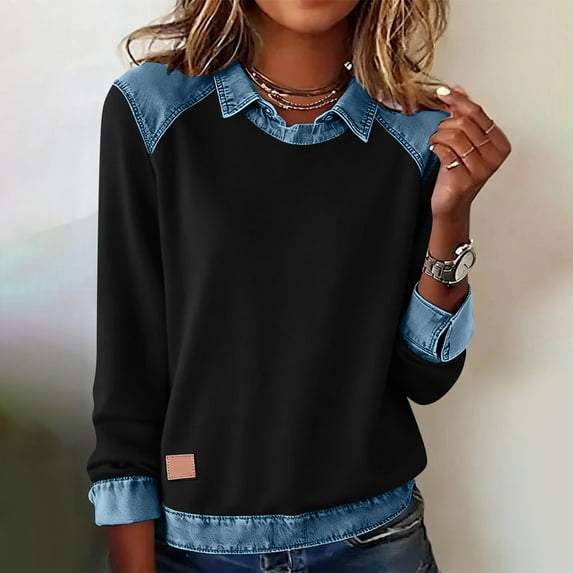 Babysbule Women's Shirts Casual Long Sleeve Lapel Denim Patchwork Stitching Pullover Fashion Tops