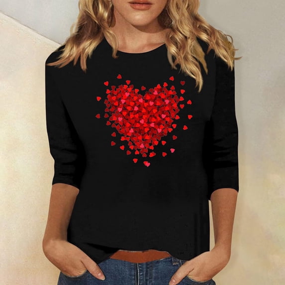 Babysbule Women's New Arrivals Shirts Women's Fashion Love Printed Valentine's Day T-shirt 3/4 Sleeves Blouse Round Neck Tops