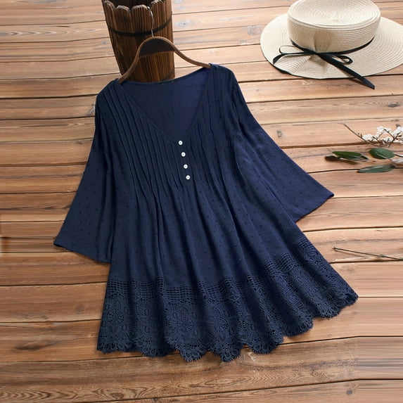 Babysbule Women's Shirts Women's Solid Color V-Neck Cotton And Linen Shirt Stitching Lace Hollow Tunic Top
