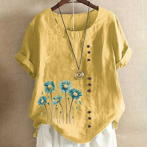 Babysbule Women's Shirts Women's Summer Casual Round Neck Short Sleeve Flower Printing Loose Shirt Tops