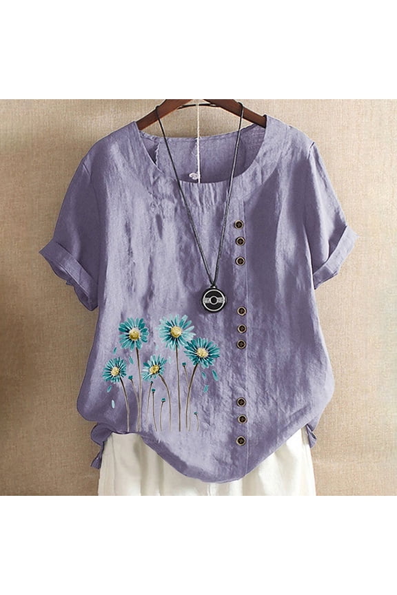 Women's Shirts Women's Summer Casual Round Neck Short Sleeve Flower Printing Loose Shirt Tops