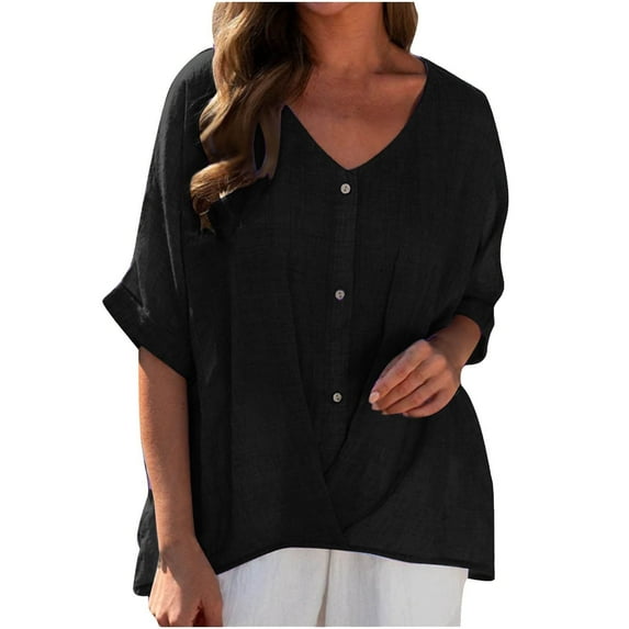 Babysbule Women's Shirts Women's V-Neck Long Sleeve Loose Button Cotton And Linen Tunic Shirts Summer Blouse