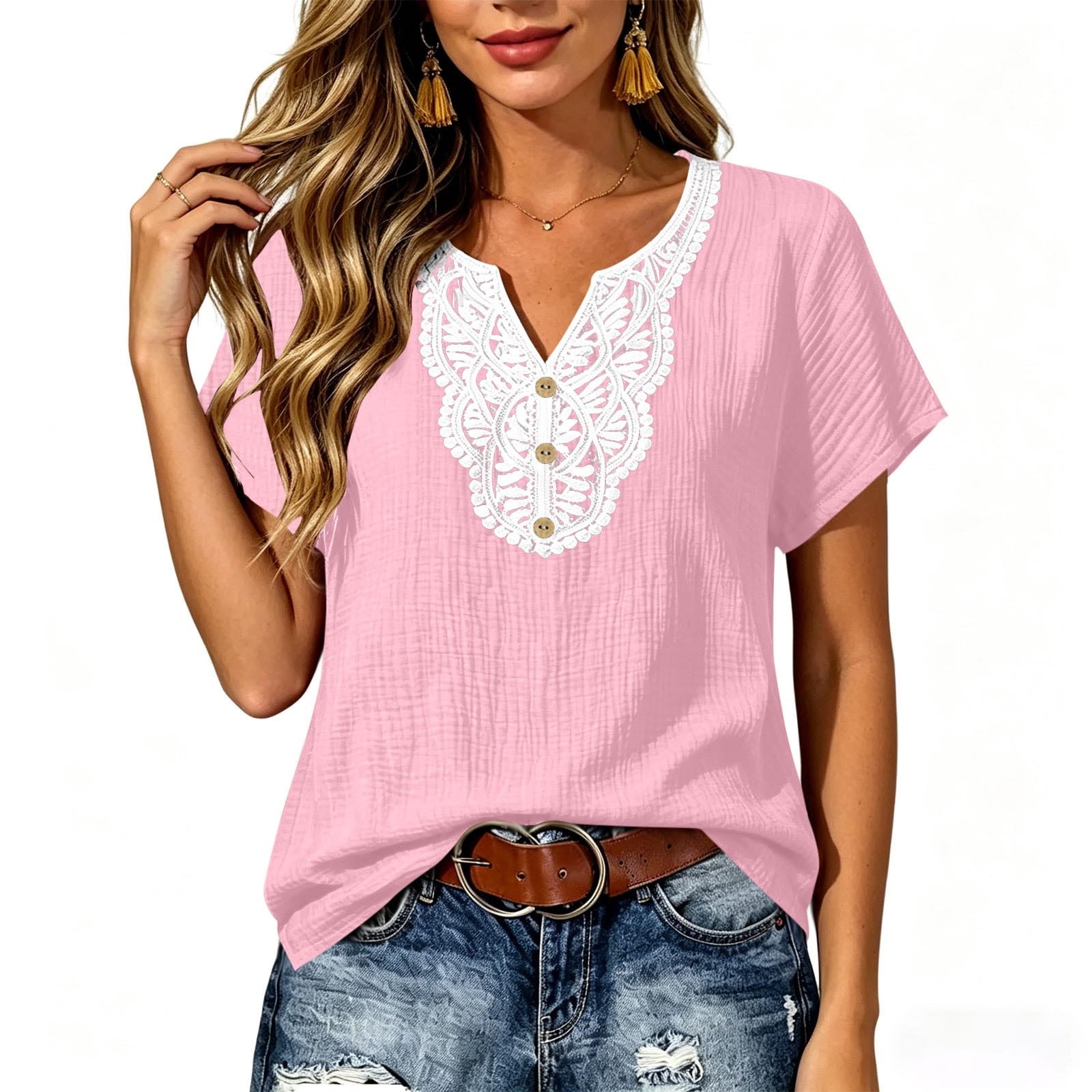 BUTTONS PATCHING LACE SLEEVE TOP main image 0