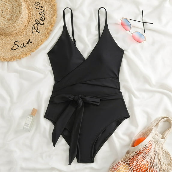 Babysbule Women's One Piece Swimsuit Summer Backless Solid V-neck Chest Waist Lace-up Bikini Without Steel Support One-piece Swimwear