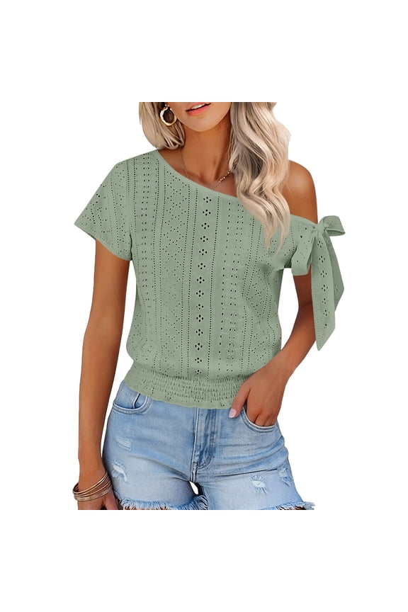 Women's One Shoulder Eyelet Embroidery Blouse, Short Sleeve Tie Knot Smocked Hem Casual Top for Spring and Summer