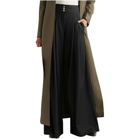 Babysbule Women's Pants Women's Fashion Casual Full-Length Loose Pants Solid High Waist Trousers Long Straight Wide Leg Pants