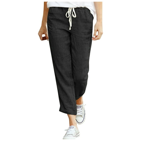 Babysbule Women's Pants Women's casual drawstring elastic waist cotton linen nine-quarter pants