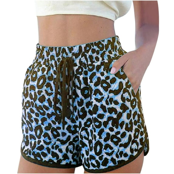 Babysbule Women's Pants Womens Comfy Summer Leopard Shorts Drawstring Elastic Waist Pockets Sport Pant